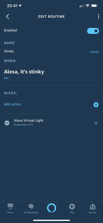 A screenshot of the Alexa app showing the It's Stinky routine configured to set a brightness value on a virtual light.