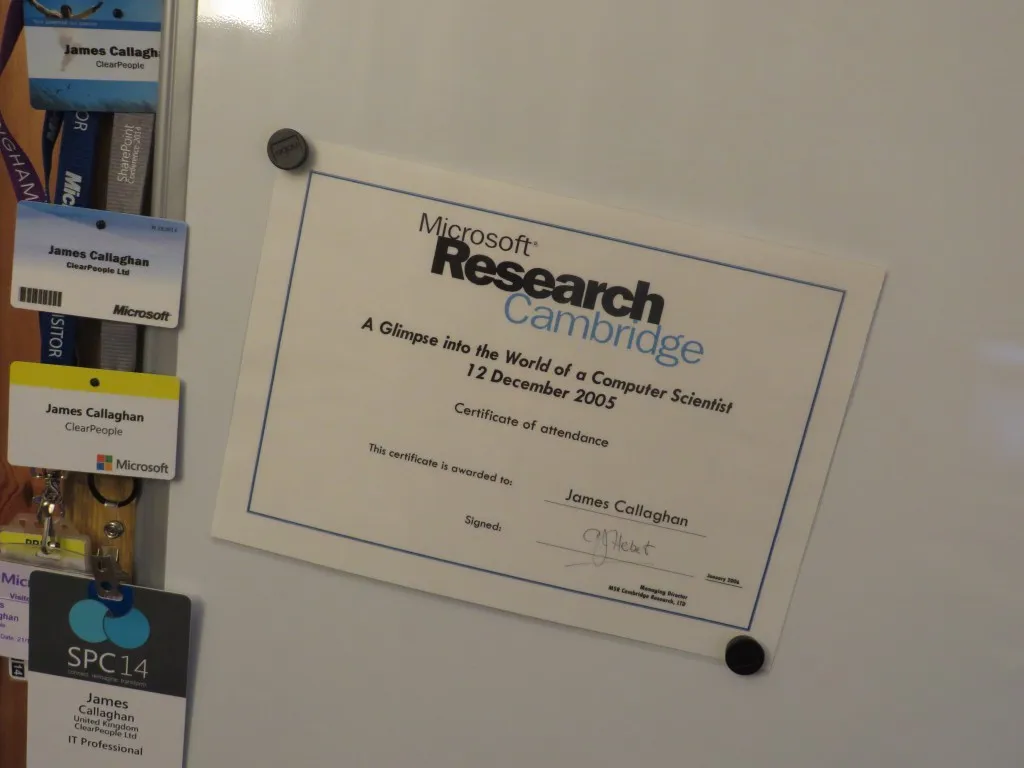 My certificate of attendance to "A glimpse into the world as a computer scientist", a Microsoft Research Cambridge conference