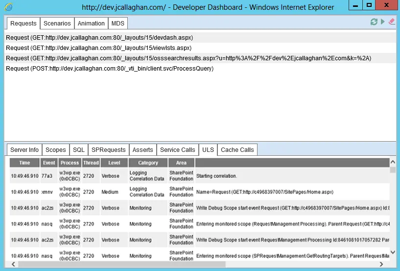 ULS errors displayed in the Developer Dashboard