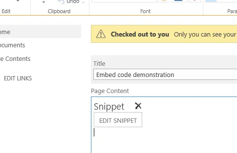Code embed in page content