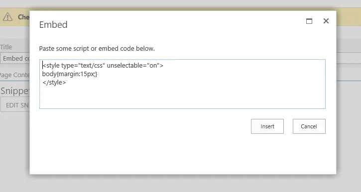 Embed code window