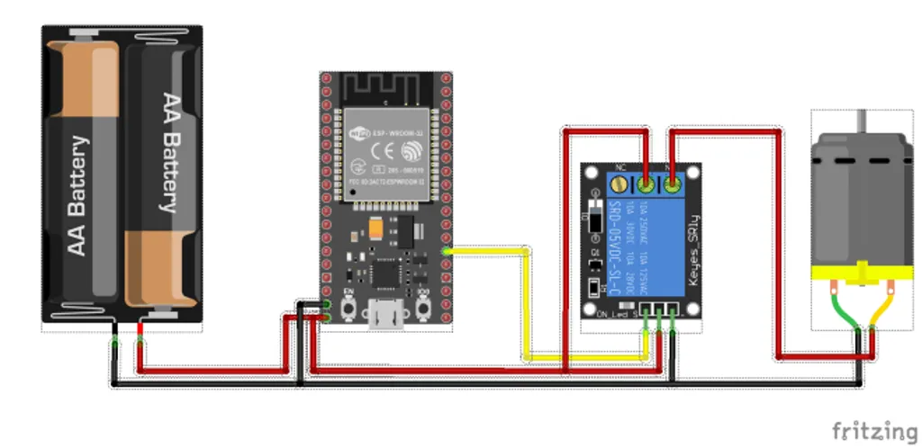 A Fritzing-style wiring diagram showing the ESP32, the battery shield, the 5V relay, and the motor connected in series.