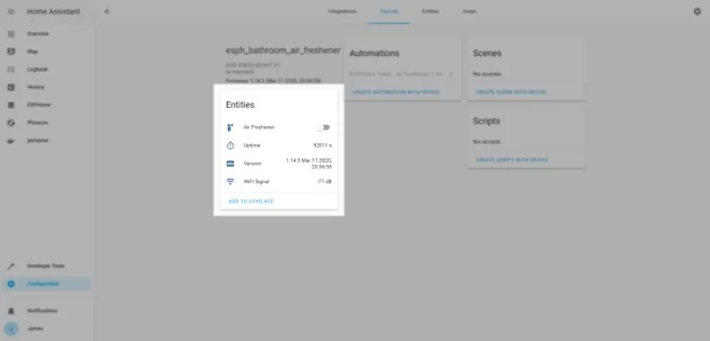 A Home Assistant dashboard tile showing the ESPHome air freshener switch alongside the other devices for the room.