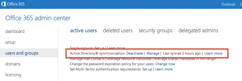 Office 365 Active Directory Sync status