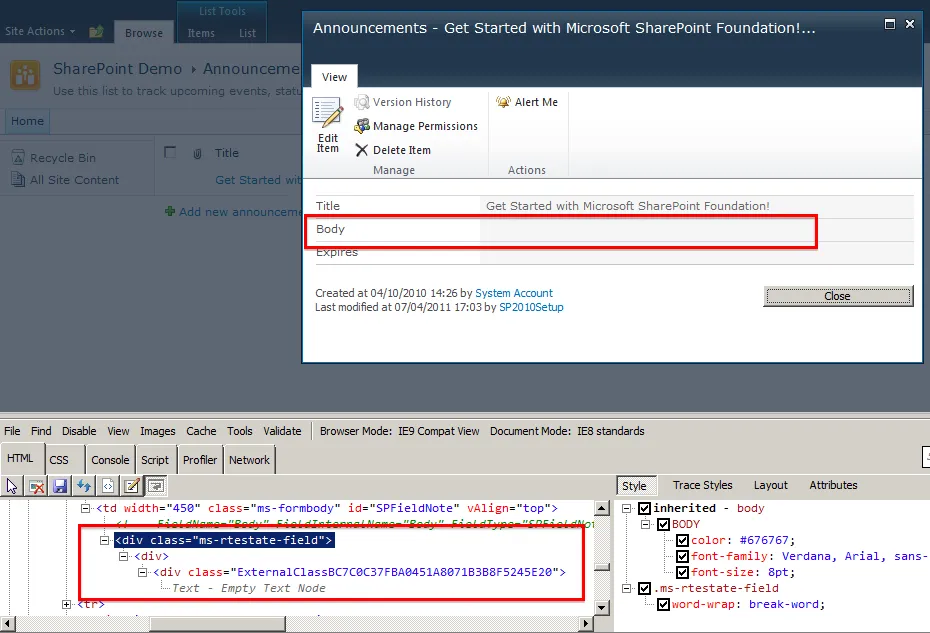 Empty rich text column in SharePoint 2010