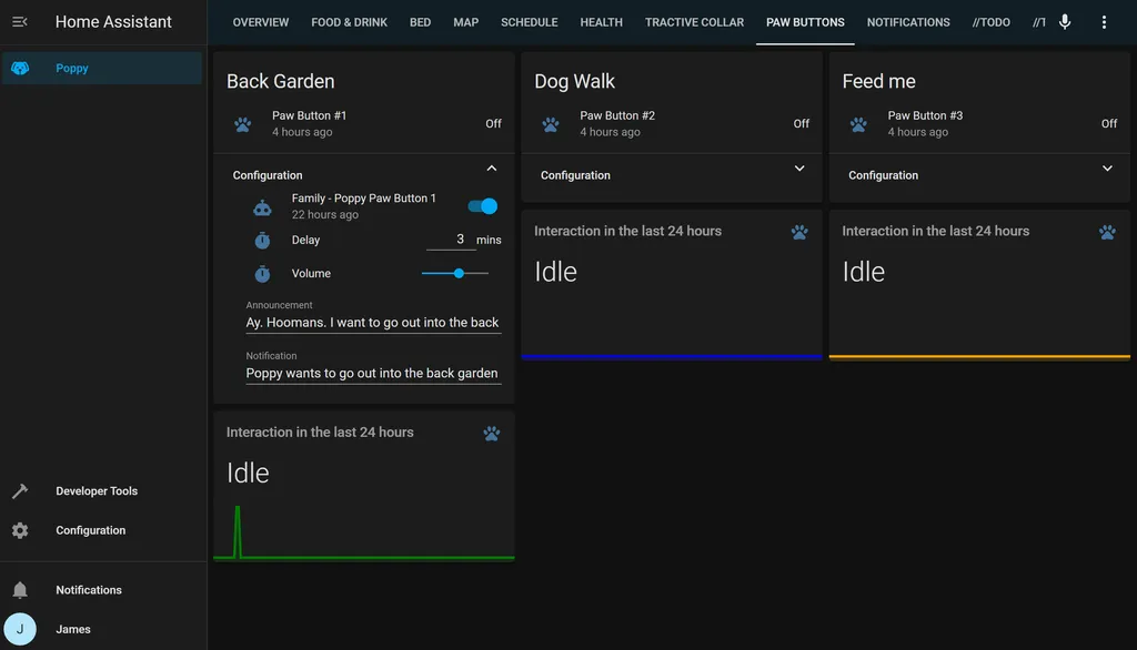 The full smart pet buttons view in Poppy's Lovelace dashboard, showing all three buttons with their helpers and graphs.