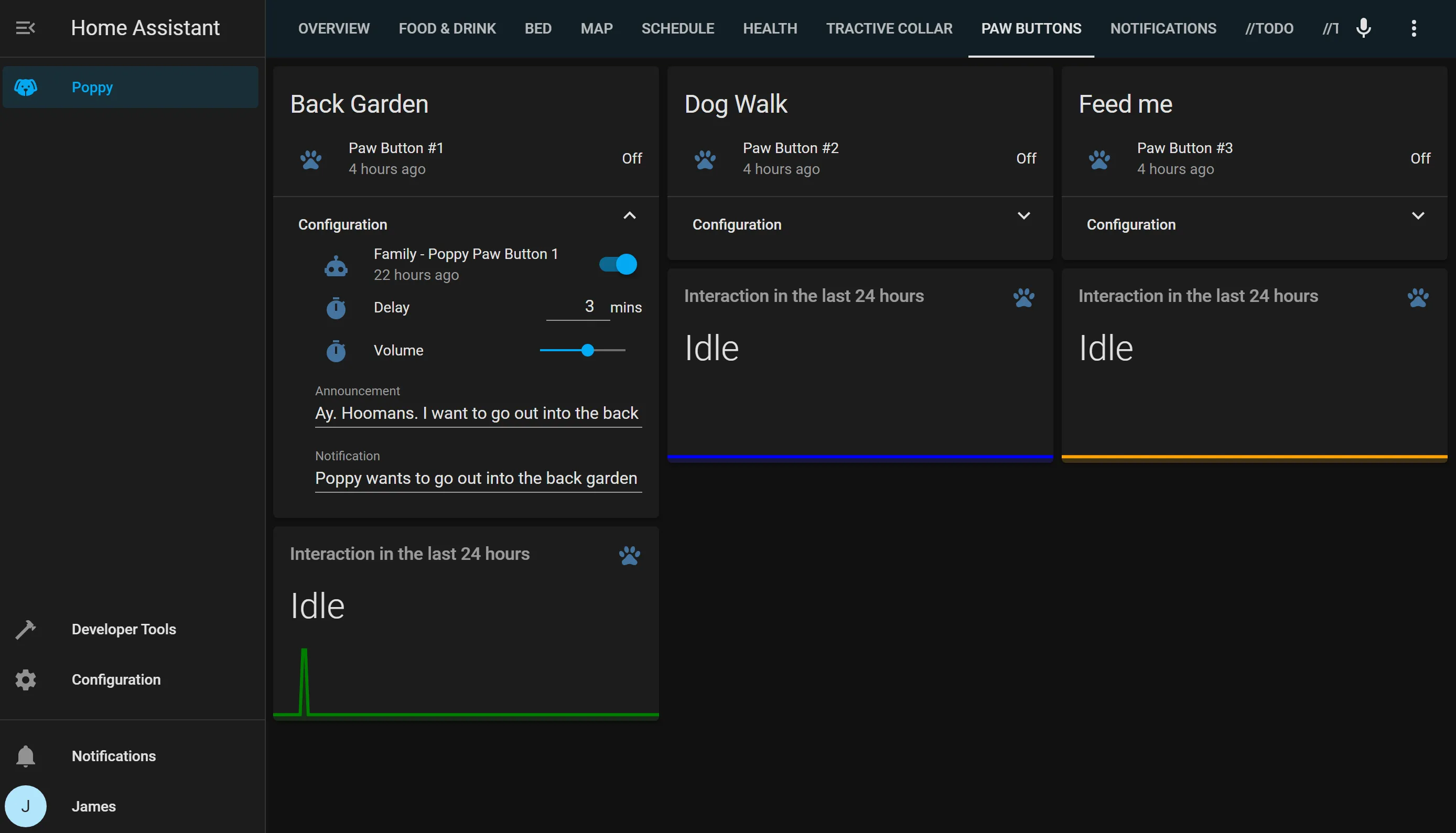 All three smart pet buttons in Poppy's Lovelace dashboard.