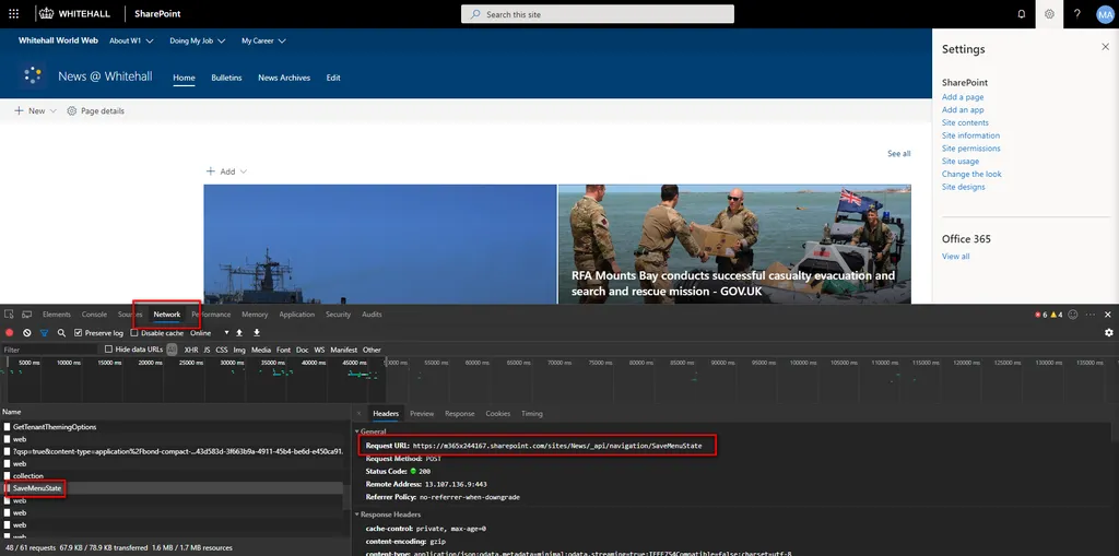 Edge developer tools network panel showing the SharePoint UI posting to /_api/navigation/SaveMenuState when a footer change is saved.