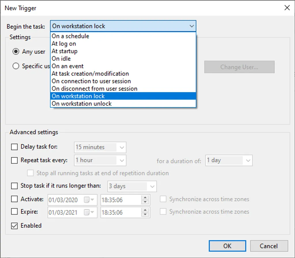 The Task Scheduler trigger configuration dialog, with a dropdown showing trigger conditions including Workstation lock and Workstation unlock.