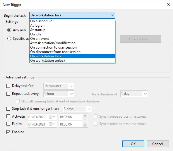 Picture of the trigger screen in Task Scheduler showing the different triggers that are available.