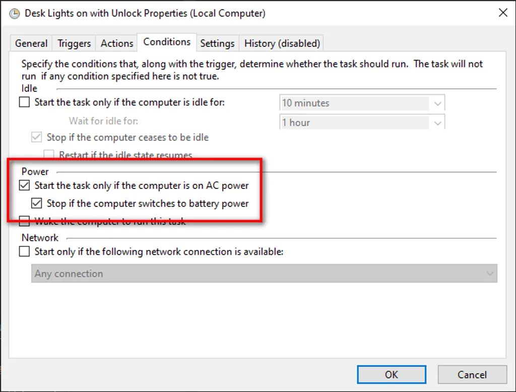 The Task Scheduler Conditions tab with the AC-power option highlighted.