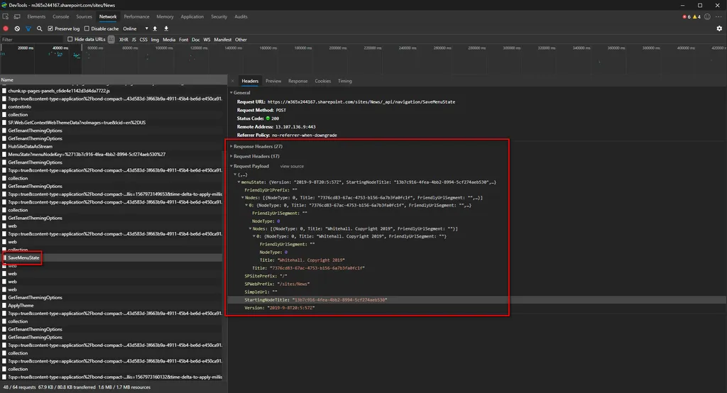 Edge developer tools request body view showing the JSON payload posted to SaveMenuState, including nodes for the logo, footer text and navigation links.