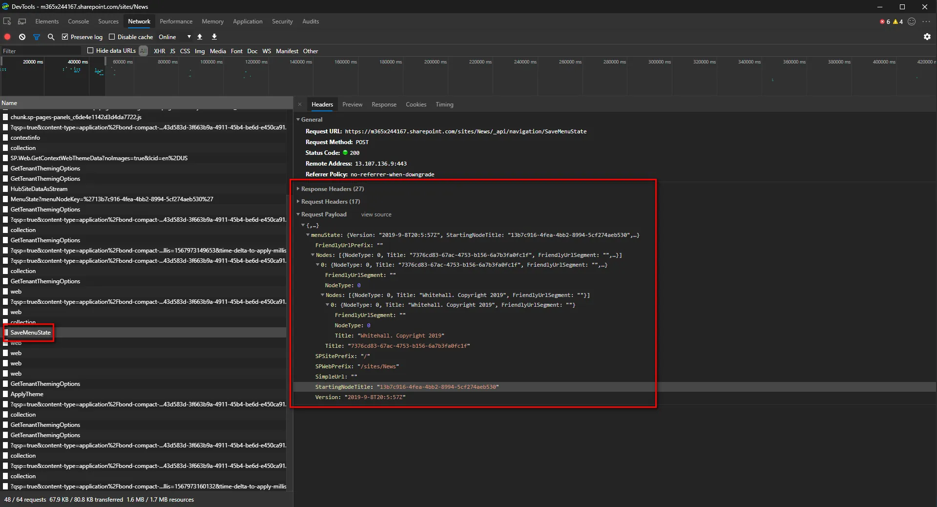 Full JSON payload sent to the SaveMenuState API in Edge Developer Tools.