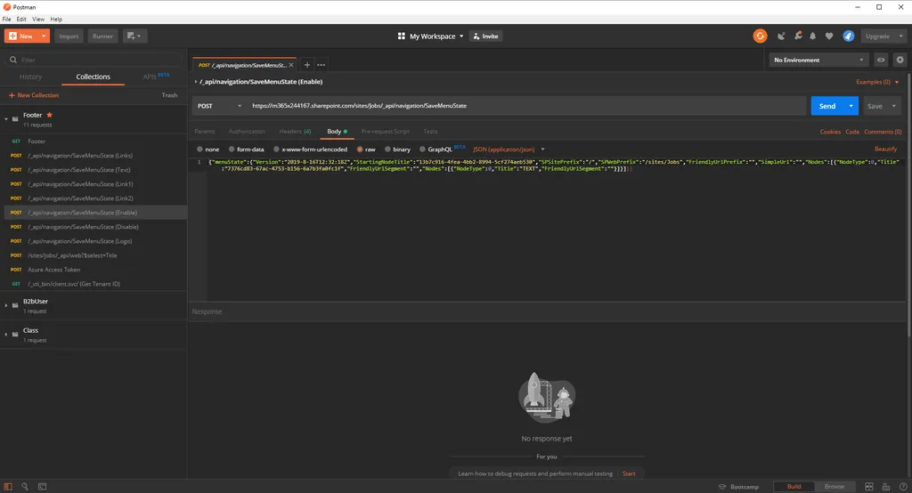 Postman request collection sending POSTs to the SharePoint SaveMenuState endpoint, with the JSON body and the auth token visible.
