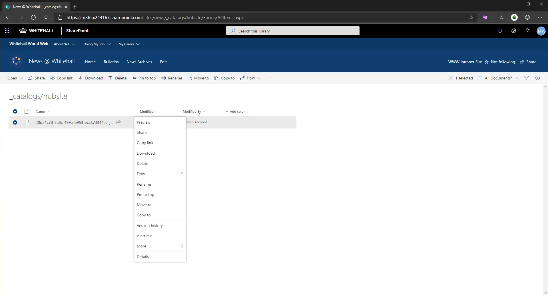 Version history available for JSON file which I suspect ins the cached hub site navigation