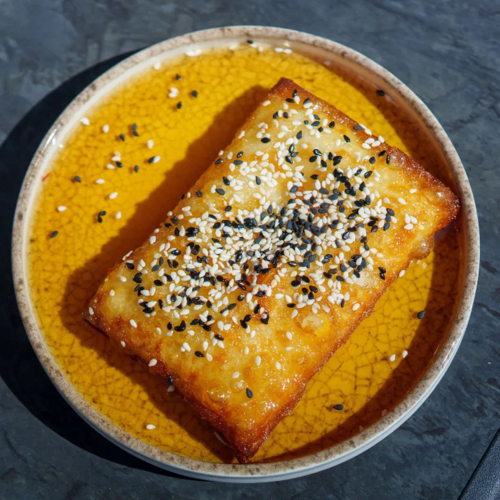 A golden, sesame-topped filo parcel of feta drizzled with honey, on a yellow plate at Kallos.