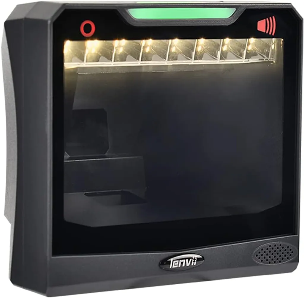 The Lenvii E688 wired USB barcode scanner photographed from above on a desk, with its motion-activated red LED illuminated.