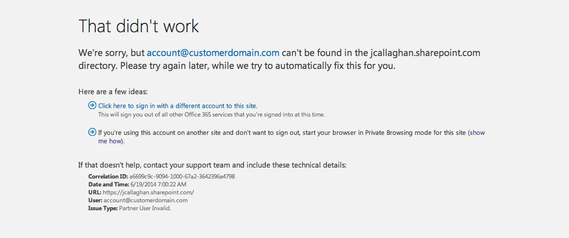 Login error in Office 365