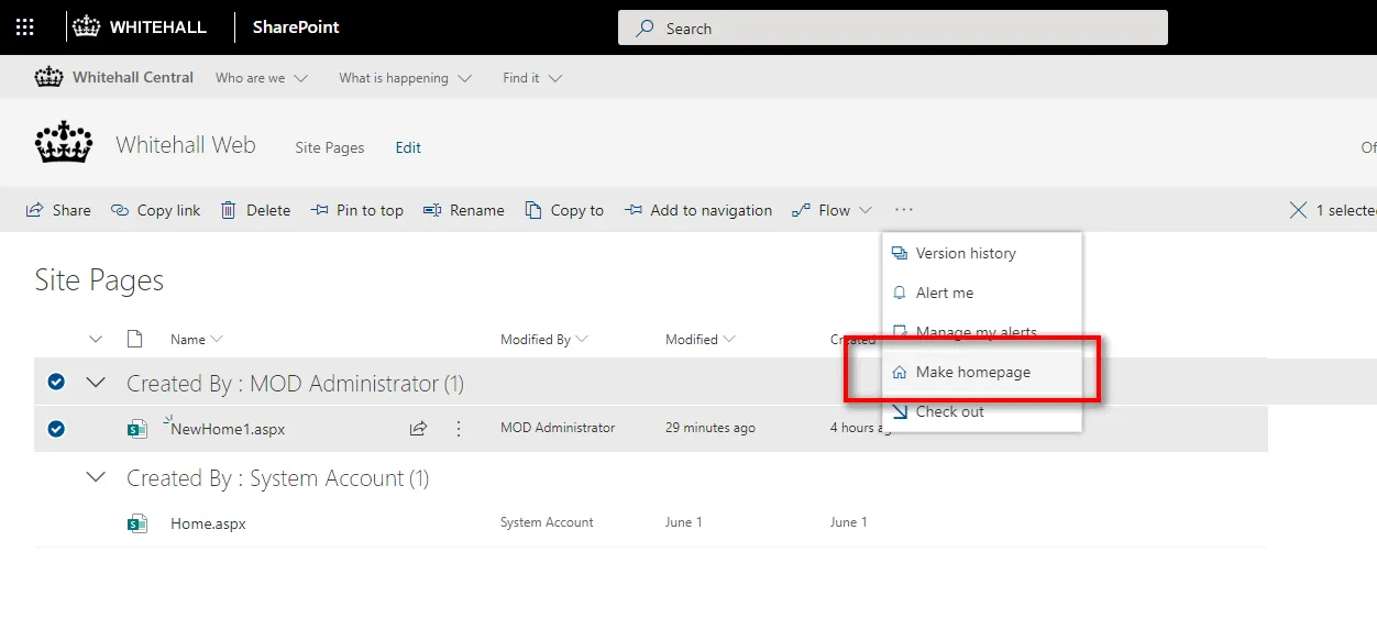 Screenshot of setting a new homepage in the site pages library.