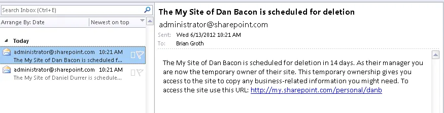 MySite Cleanup Notification. Credit: SharePoint 2013 Admin blog http://sharepoint2013admin.wordpress.com/2013/11/19/my-site-cleanup-timer-job-2/