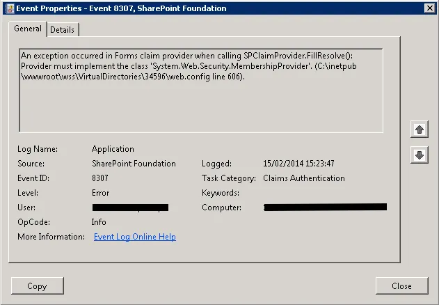Event 8307. SharePoint Foundation. Claims Authentication.