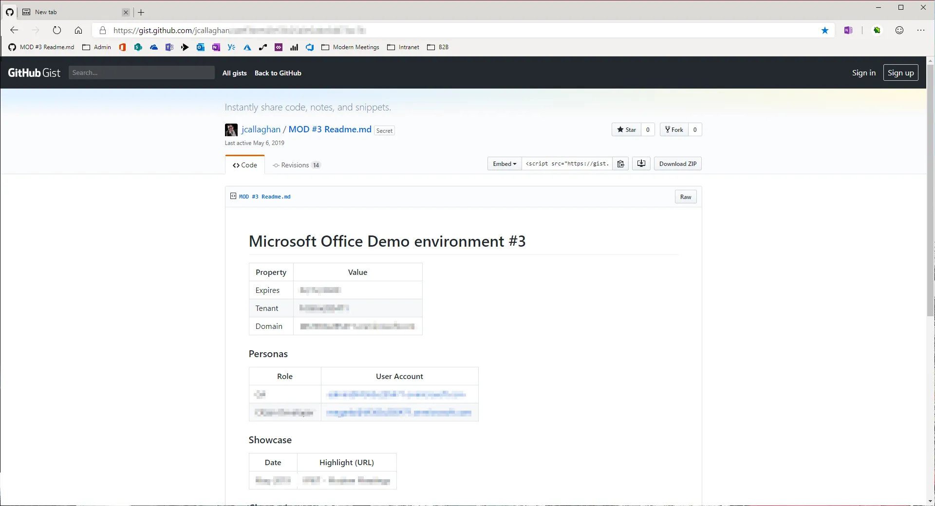 Screenshot of readme file about my demo environment hosted in Gist