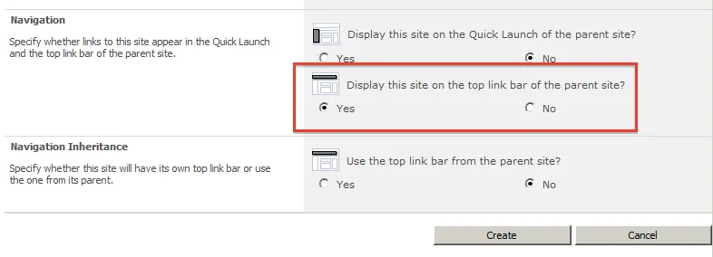 Display this site on the top link bar of the parent site