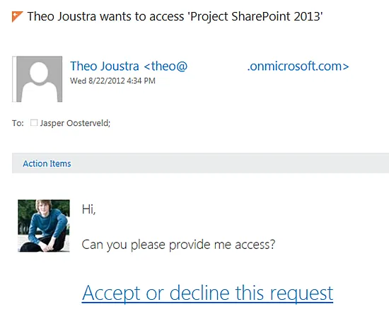 Site Access Requests. Jasper Oosterveld https://www.nothingbutsharepoint.com/sites/eusp/Pages/SharePoint-Online-2013-Request-Access-Procedure.aspx