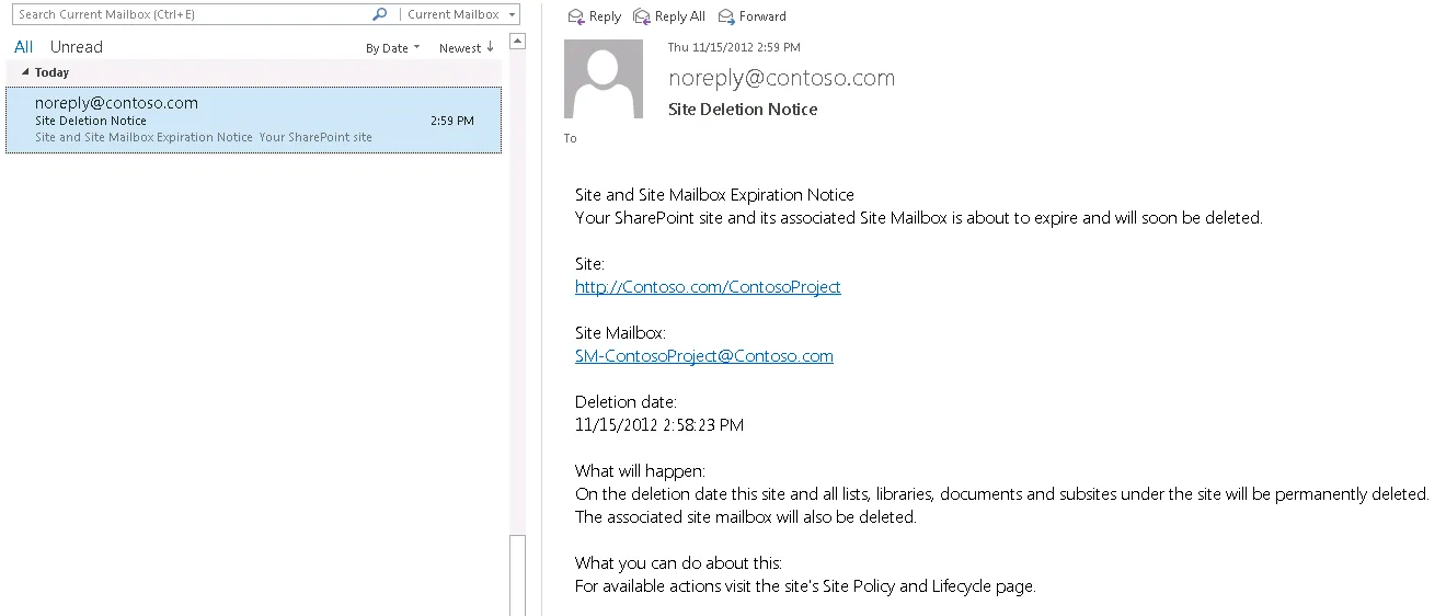 Site Deletion Notice. Steven Boyle, SharePoint IT Pro Blog http://blogs.technet.com/b/tothesharepoint/archive/2013/03/28/site-policy-in-sharepoint.aspx