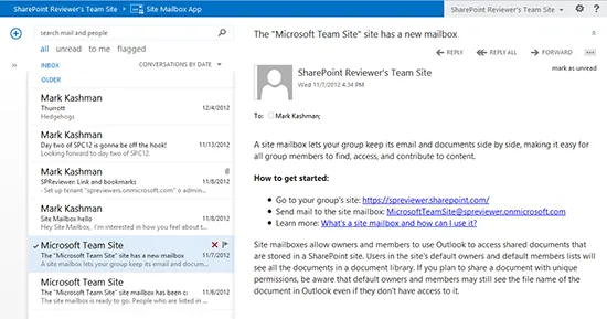 Site Mailbox Created. Credit: Mark Kashman http://blogs.office.com/2013/04/02/whats-new-in-sharepoint-online-top-10/