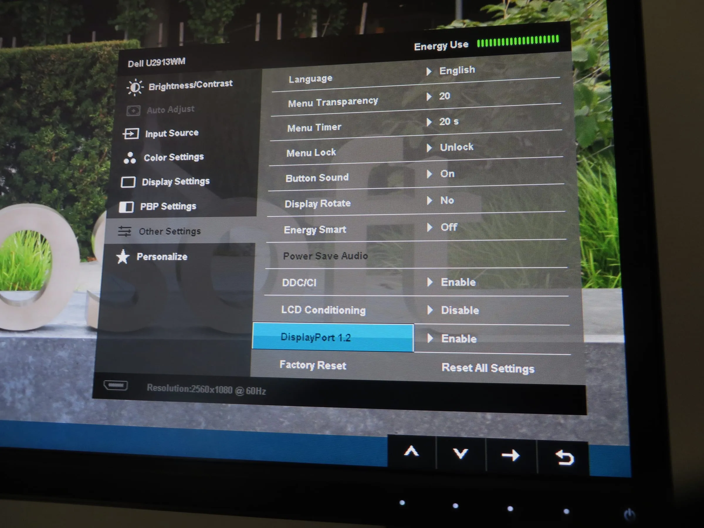 Enabling Display Port 1.2 through the Dell U2913WM setting.