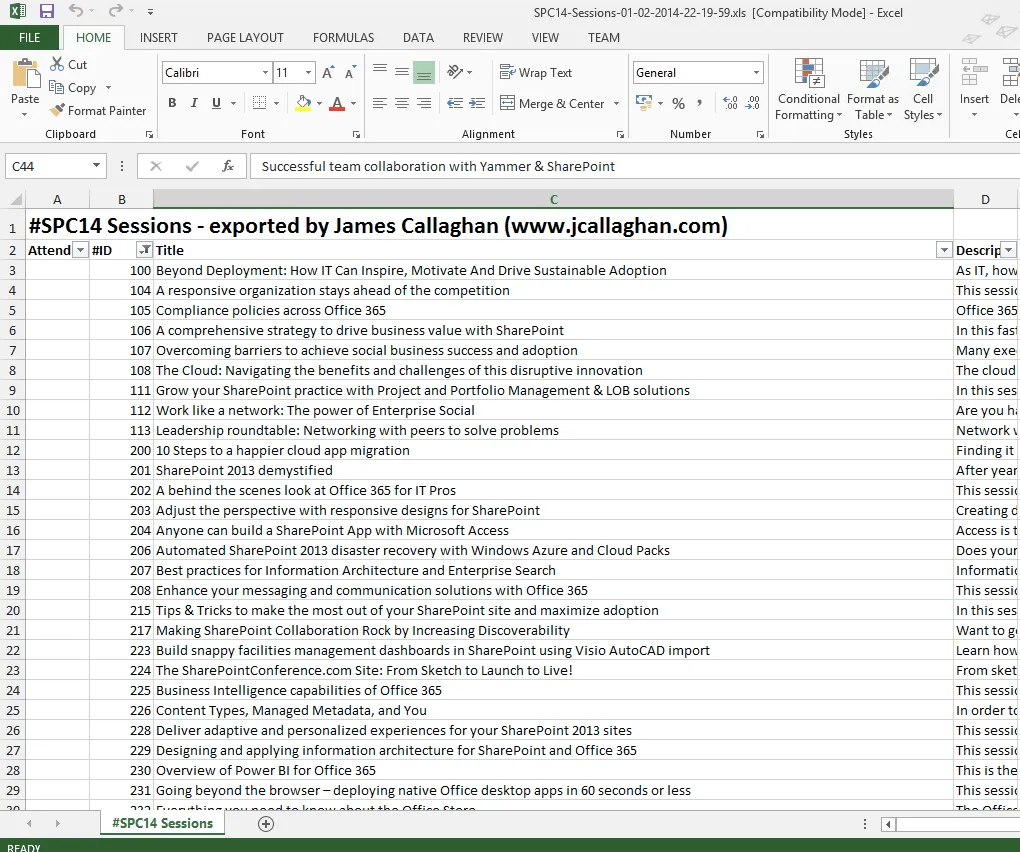 Spreadsheet containing all the SharePoint Conference 2013 sessions