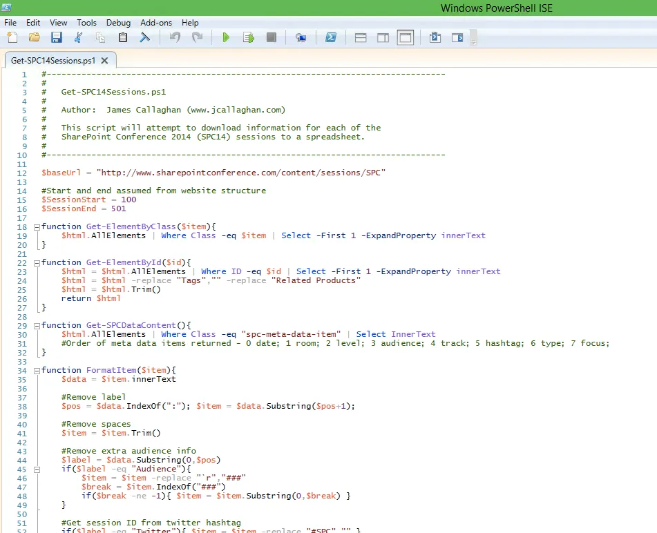 PowerShell script to export all the #SPC14 sessions to Excel