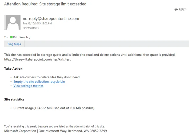 Storage Quota Exceeded. Credit: Three Will https://www.threewill.com/2013/12/storage-quotas-in-sharepoint-online/