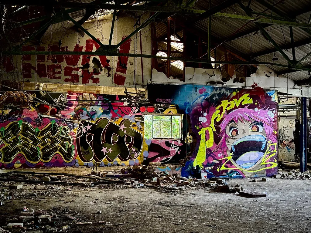 Interior walls of an abandoned building covered floor-to-ceiling in colourful graffiti and street art murals.