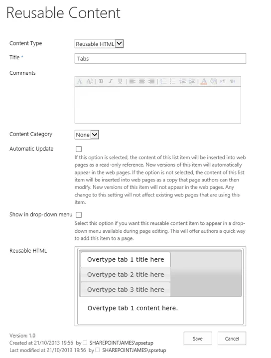 Reusable Content item
