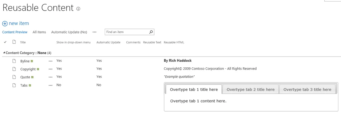 Reusable Content Lists