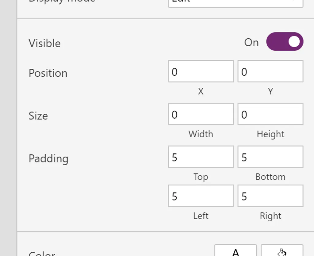 Power Apps tree view and properties panel showing the Text Input control with width and height both set to 0 so it disappears from the screen.