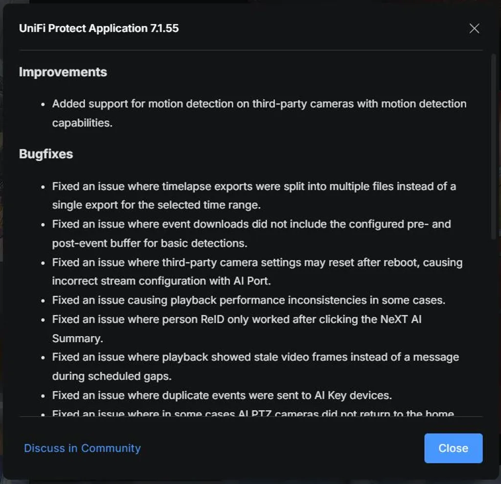UniFi Protect 7.1.55 release notes listing the new webhook shortcuts feature.