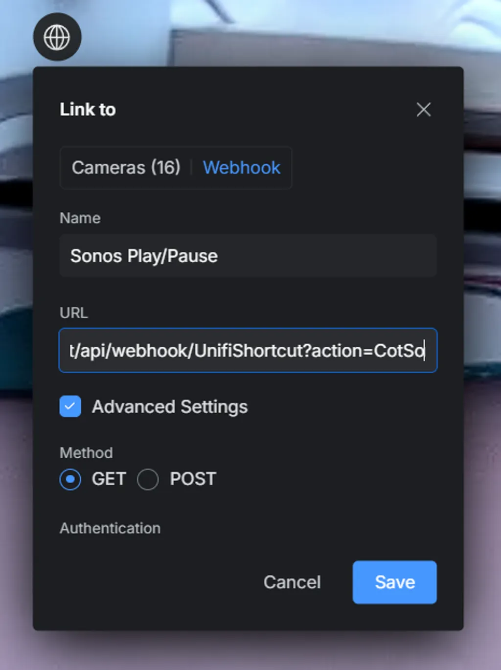The UniFi Protect shortcut creation dialog, with a label field and a URL field for the webhook endpoint.