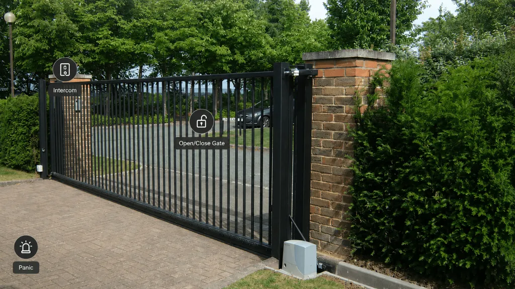 A mockup of the UniFi Protect camera live view showing shortcut bubbles with distinct icons and labels for each action on the drive gate camera.