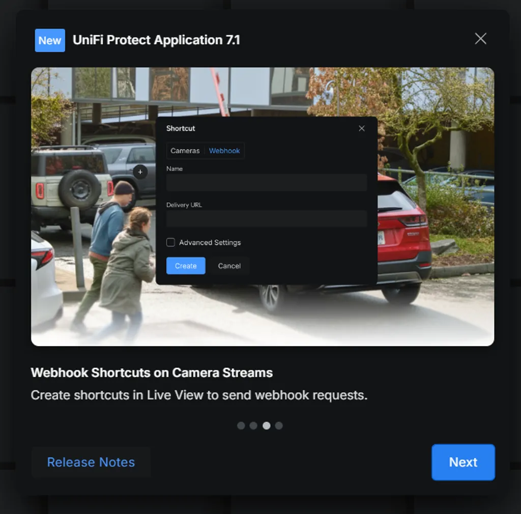 UniFi Protect first-run experience screen explaining webhook shortcuts on camera streams.