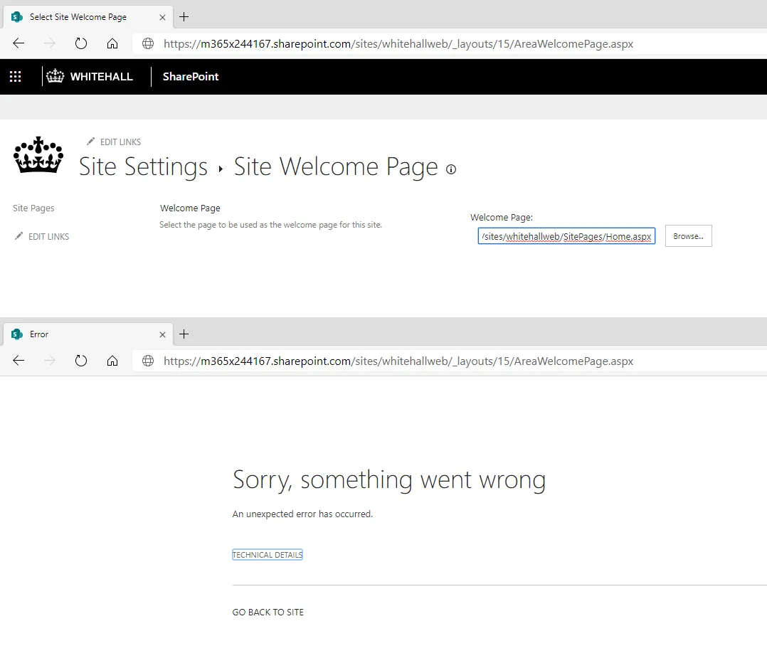 Screenshot of the welcome page site settings page.