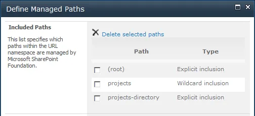 Define managed paths in Central Administration